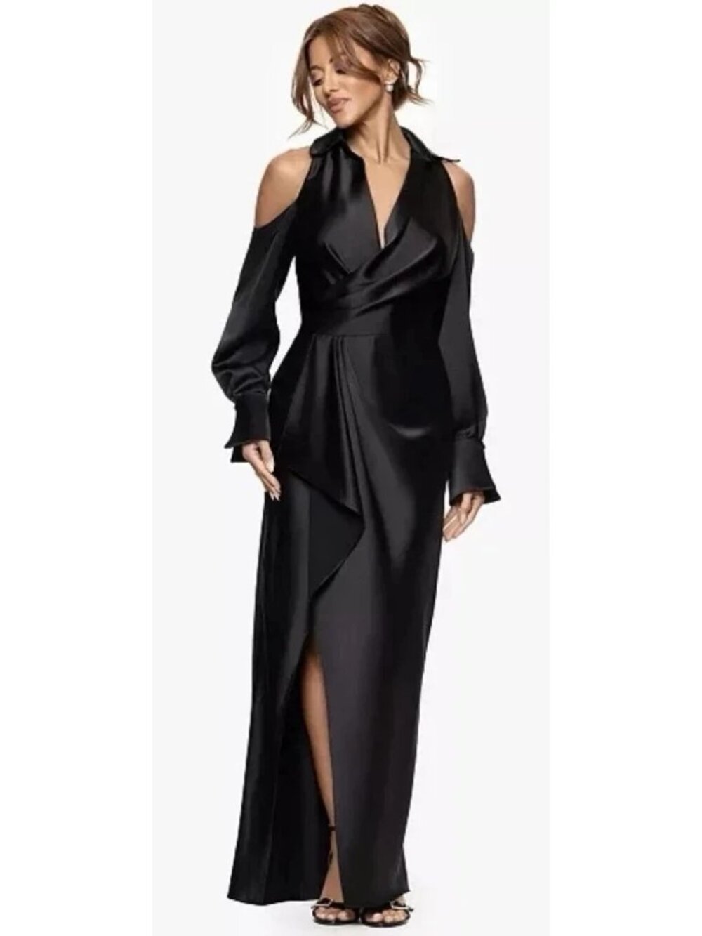Xscape Black Satin Collared Long Sleeve Cold Shoulder Satin Gown